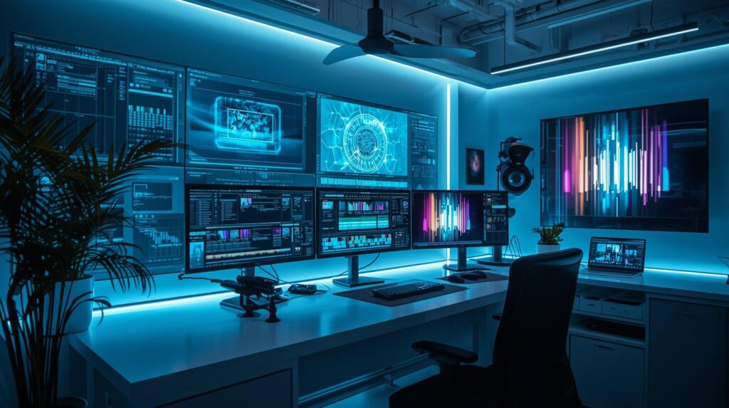 Holographic AI video editing interface showing short-form production tools in a futuristic workspace.