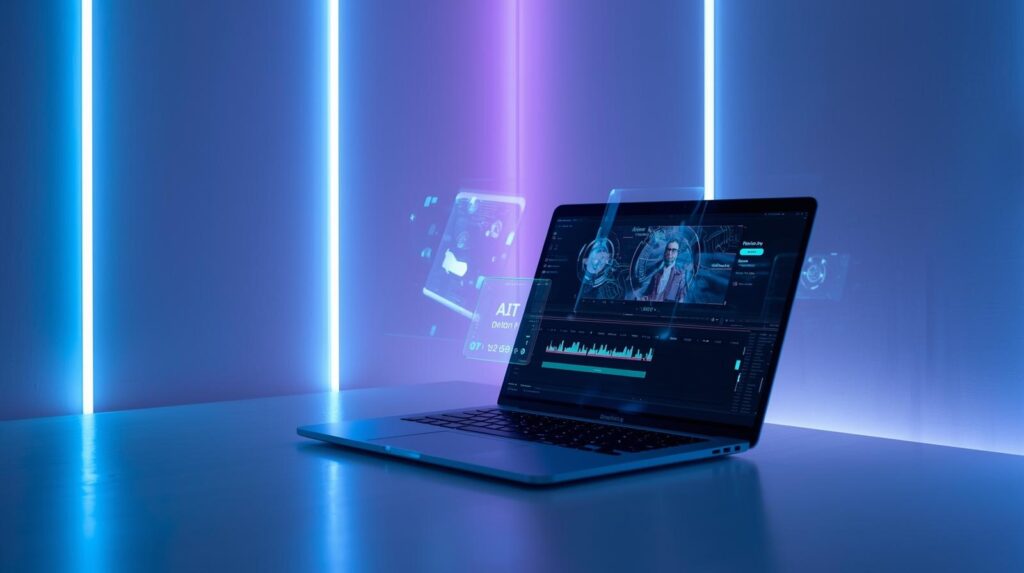 Futuristic AI video editing screen labeled ReelBot automation with holographic interface.