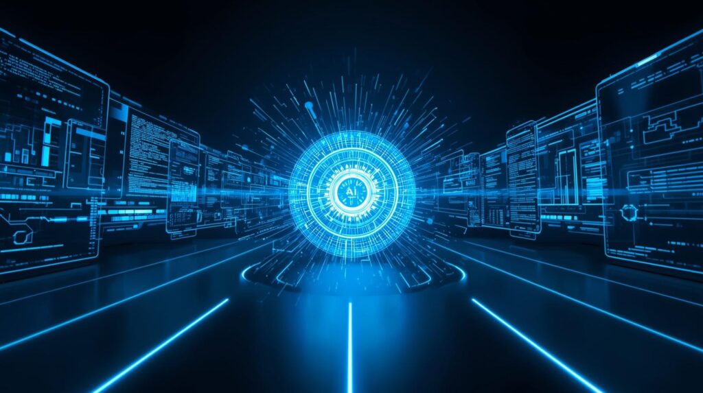 Futuristic AI engine powering content creation with holographic interfaces