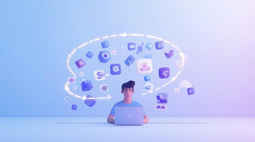 Illustration of a creator surrounded by chaotic content creation tasks with an automated workflow connecting them, representing how ReelBot simplifies the content process.